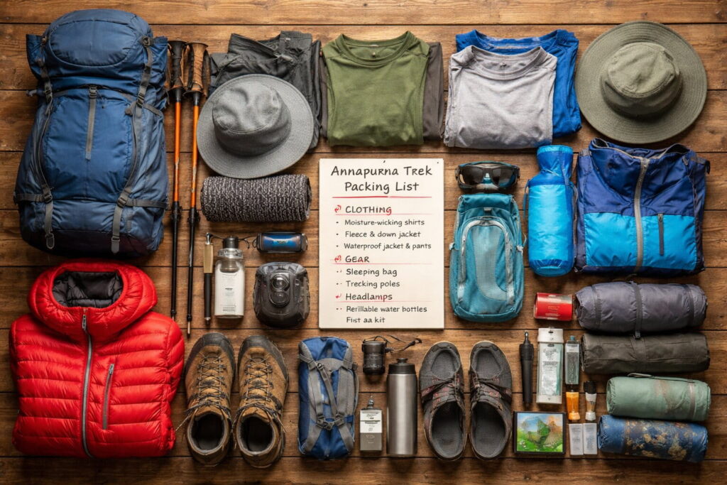 Annapurna trek packing list with hiking backpack, trekking boots, down jacket, trekking poles, and essential gear for trekking in the Himalayas