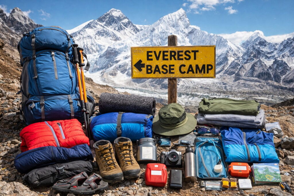 Essential trekking gear prepared for the Everest Base Camp trek with the Himalayan mountains and Everest Base Camp sign in the background