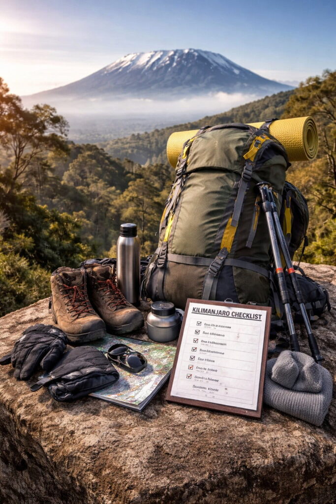 Kilimanjaro climb preparation gear including backpack, hiking boots, trekking poles and packing checklist with Mount Kilimanjaro in the background