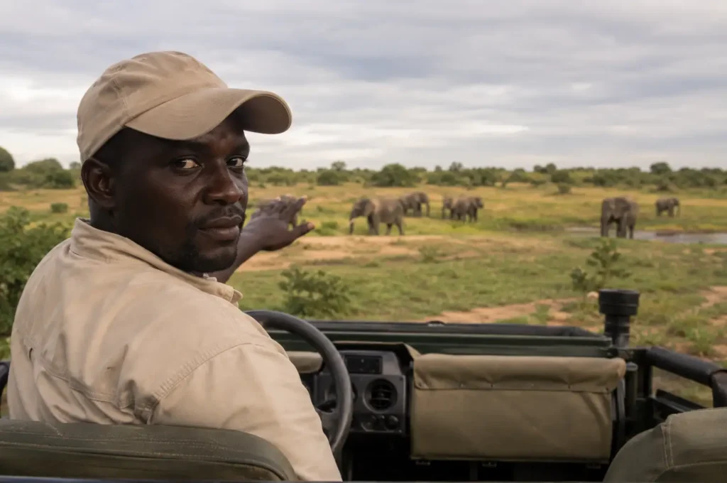 Safari guide pointing to elephants ahead